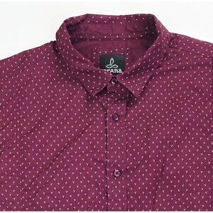 Prana Size XL Mens Burgundy Triangle Pattern Long Sleeve Neck Hem Logos Shirt